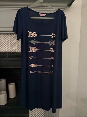 SJS Navy Midi Dress with Rose Gold Arrow Print